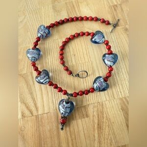Red and blue glass heart chunky beaded necklace 925 Sterling silver clasp